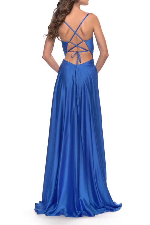 La Femme Satin A-line Gown With Cut Out And Twist Bodice In Royal Blue