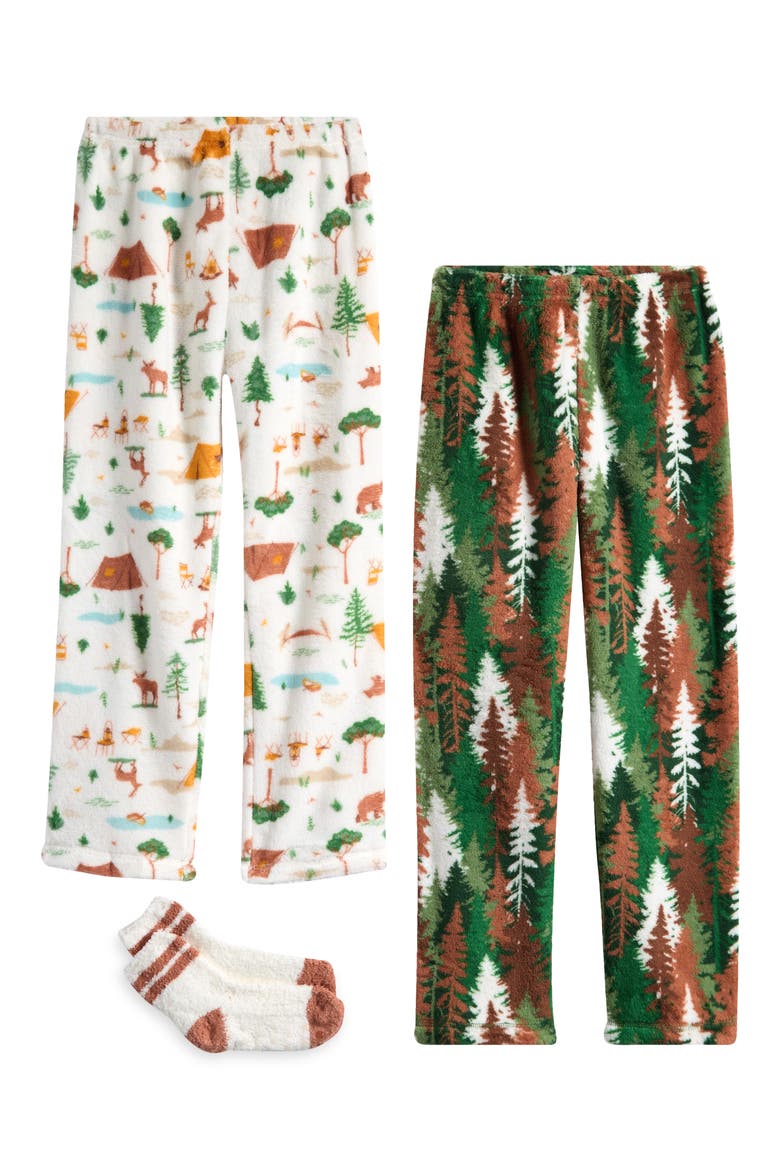 Kids' 2-Pack Fleece Pajama Pants & Socks Set, Main, color, GREEN BROWN ABSTRACT