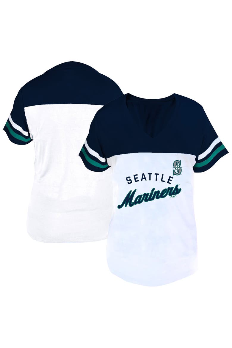 Women's Profile White/Navy Seattle Mariners Plus Size Two-Stripe V-Neck T-Shirt, Main, color, White