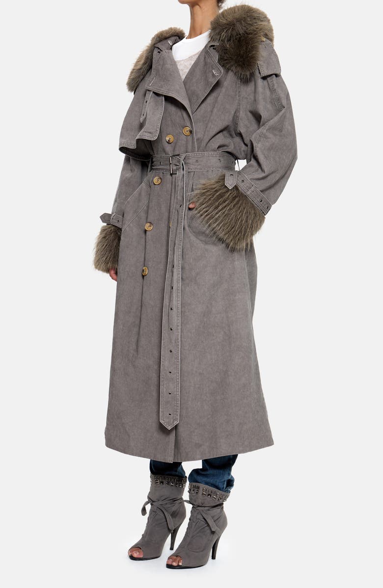 JADED LONDON Hooded Faux Fur Trim Trench Coat, Alternate, color, Grey