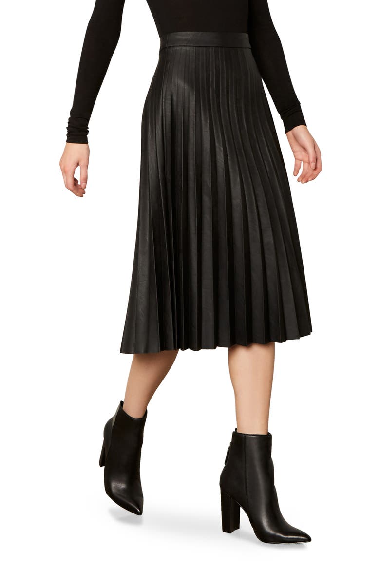 Carole Pleated Faux Leather Skirt, Alternate, color, BLACK