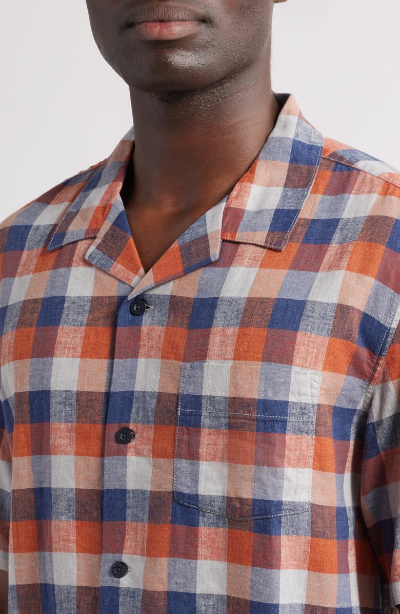 Pendleton Plaid Linen Blend Camp Shirt, Alternate, color, Navy/ Ochre Check