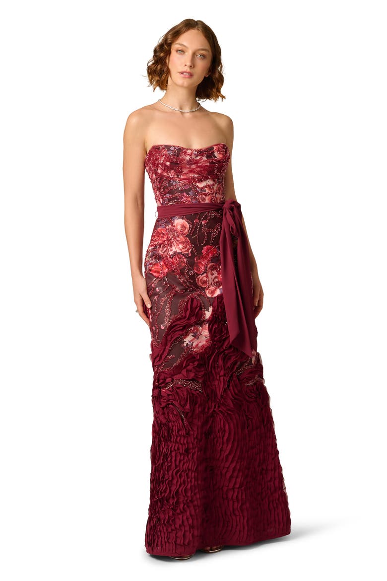 Beaded Floral Embroidered Strapless Gown, Alternate, color, MAHOGANY