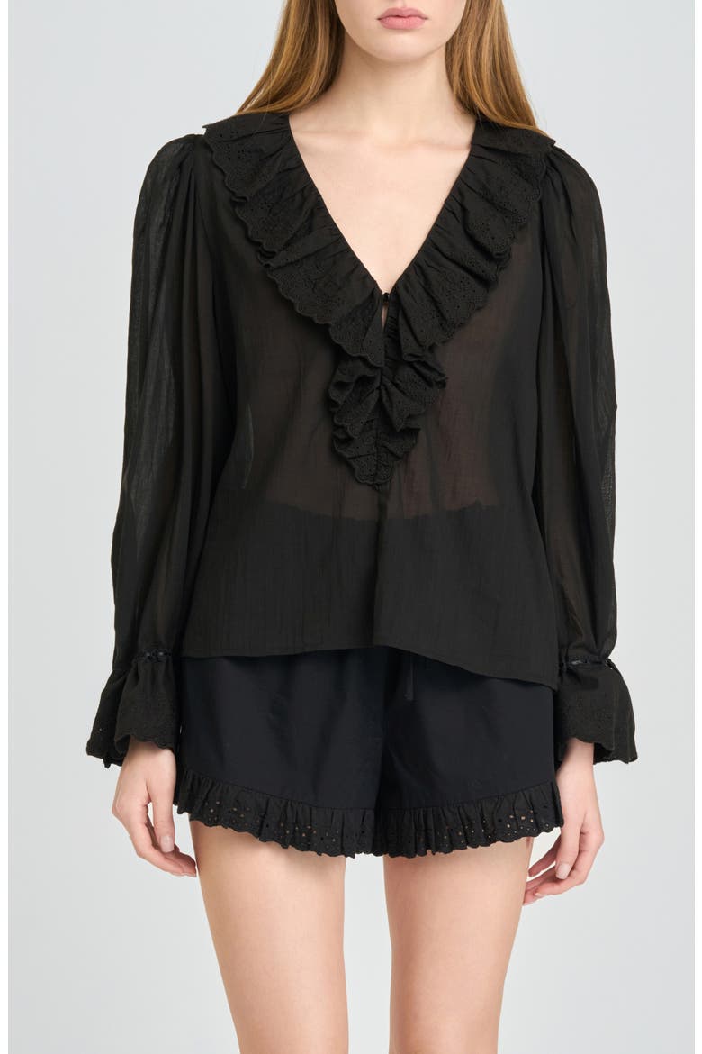 Helena Eyelet Ruffle Cotton Lawn Top, Alternate, color, BLACK