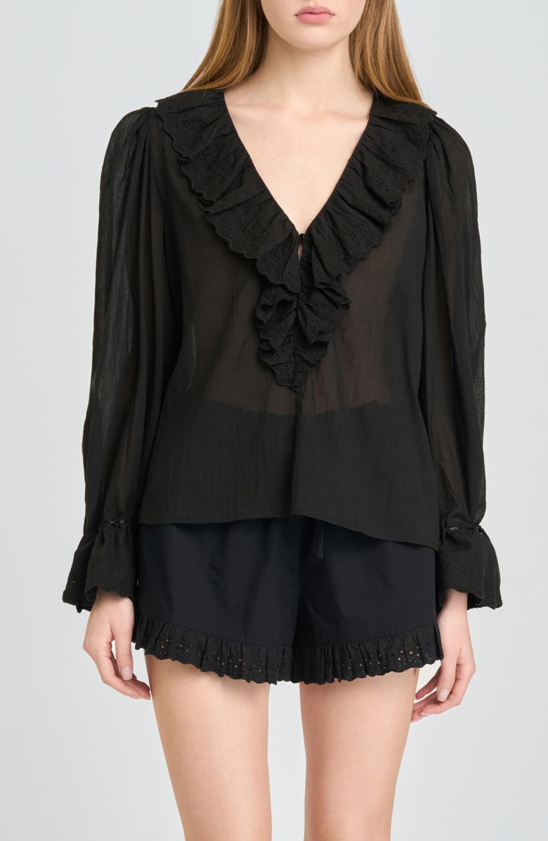 WAYF Helena Eyelet Ruffle Cotton Lawn Top, Alternate, color, Black