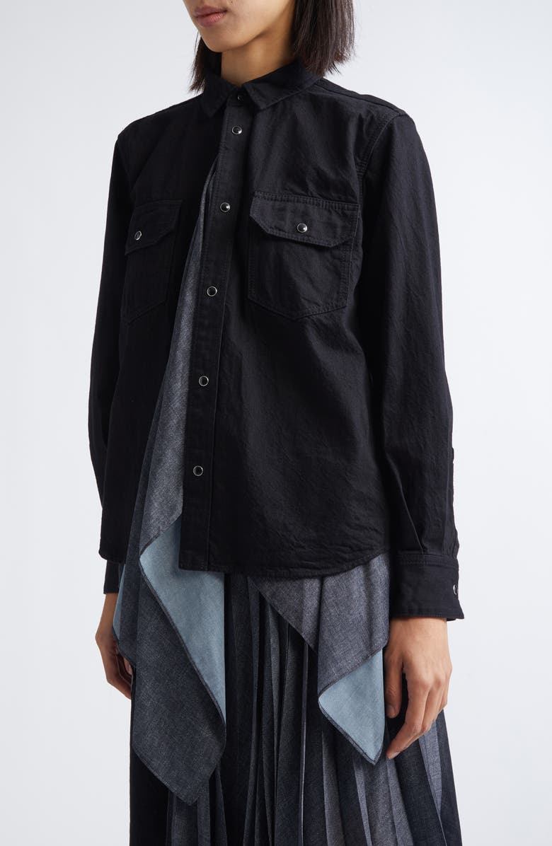 Sacai Mixed Media Handkerchief Hem Shirt, Alternate, color, Black