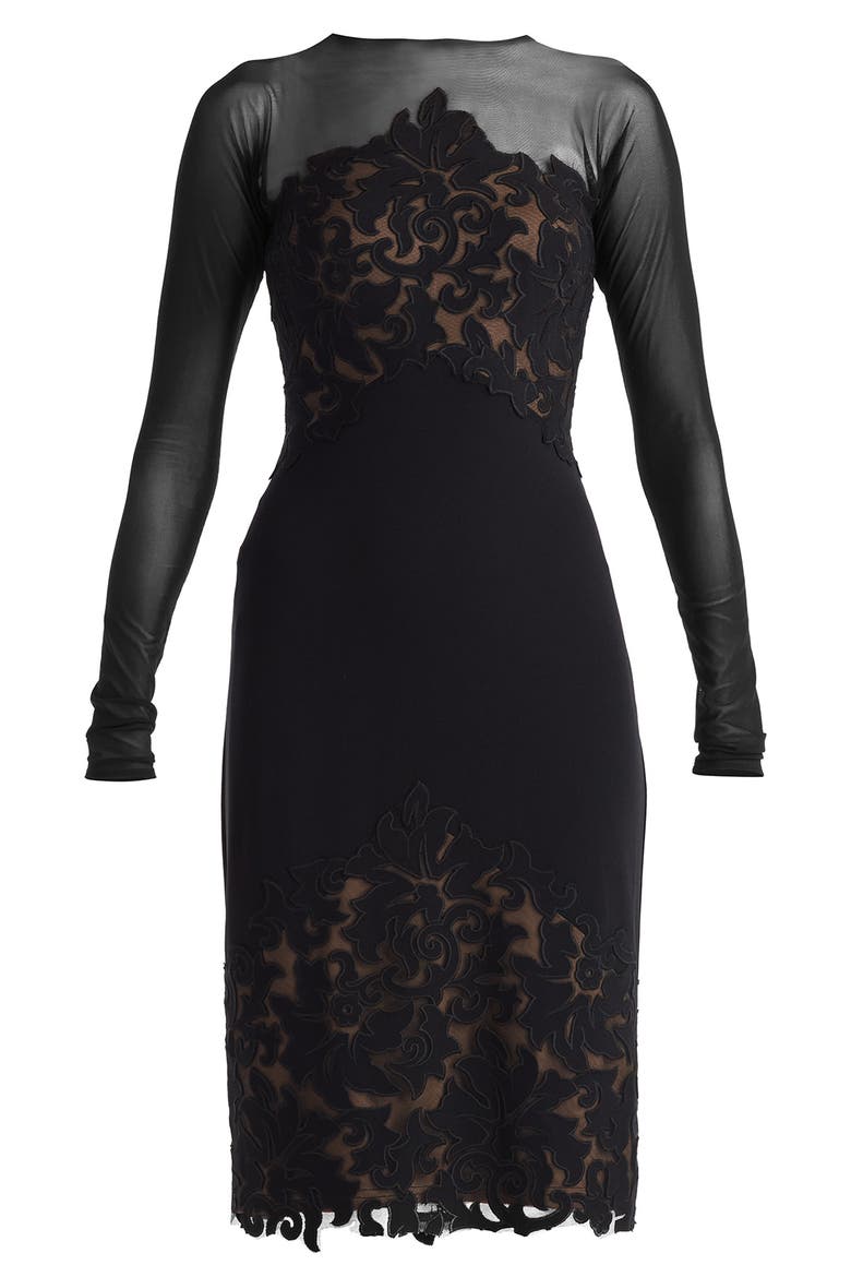 Illusion Neck Laser Cut Long Sleeve Mesh Cocktail Dress, Alternate, color, BLACK/ NUDE