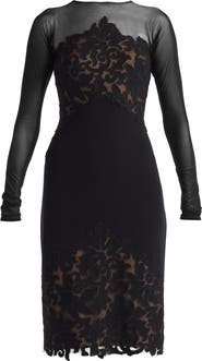 Tadashi Shoji Illusion Neck Laser Cut Long Sleeve Mesh Cocktail Dress