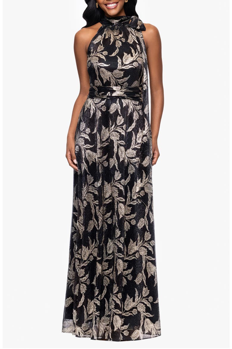 Metallic Floral Sheath Gown, Main, color, BLACK/ GOLD