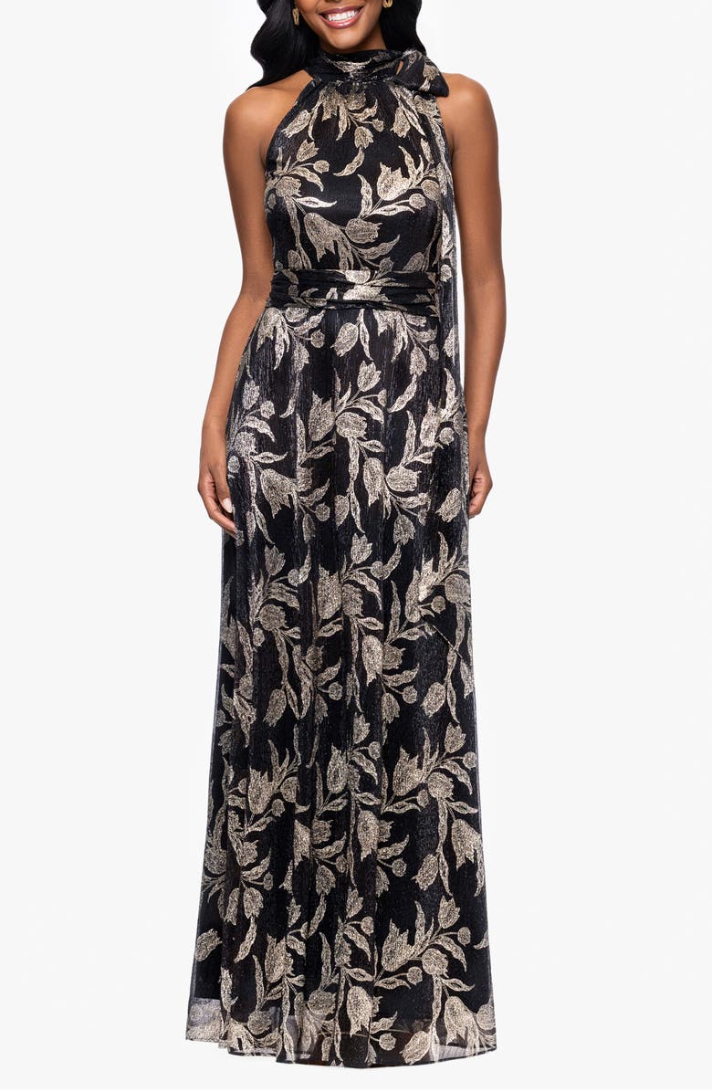 Betsy & Adam Metallic Floral Sheath Gown, Main, color, Black/ Gold