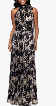 Betsy & Adam Metallic Floral Sheath Gown