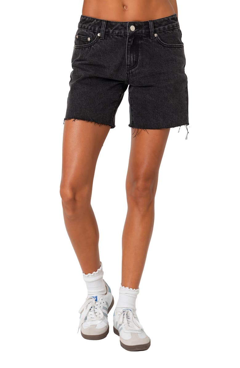 EDIKTED Tomboy Low Rise Cutoff Denim Shorts, Main, color, Black-Washed