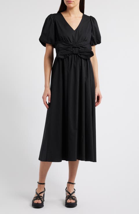 Front Bow Detail Cotton Midi Dress