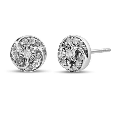 Silver 1/4 Ct Round Diamond Spiral Halo Cluster Stud Earrings