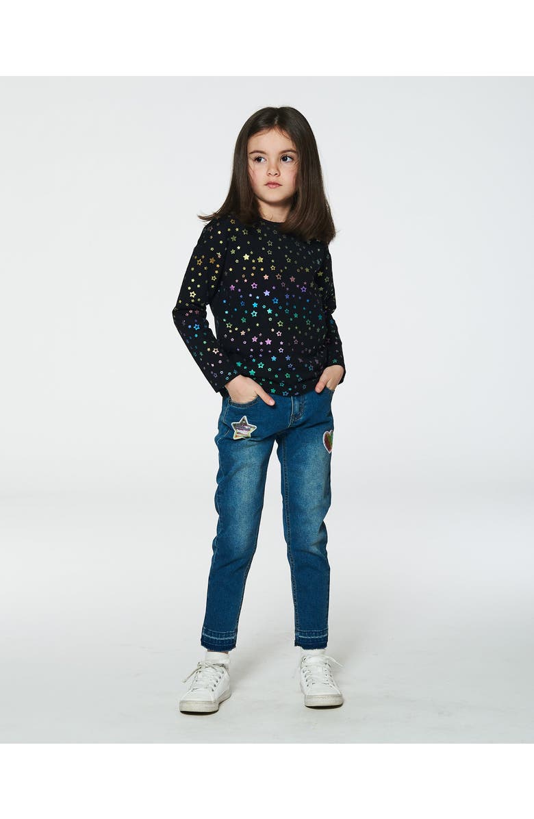 Deux par Deux Little Girl's Long Sleeve T-Shirt Foil Black Printed Stars, Alternate, color,