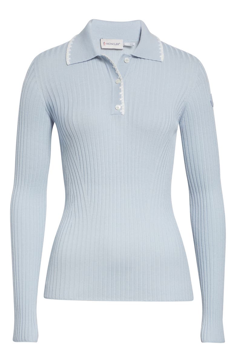 Moncler Long Sleeve Virgin Wool Polo, Main, color, Light Blue