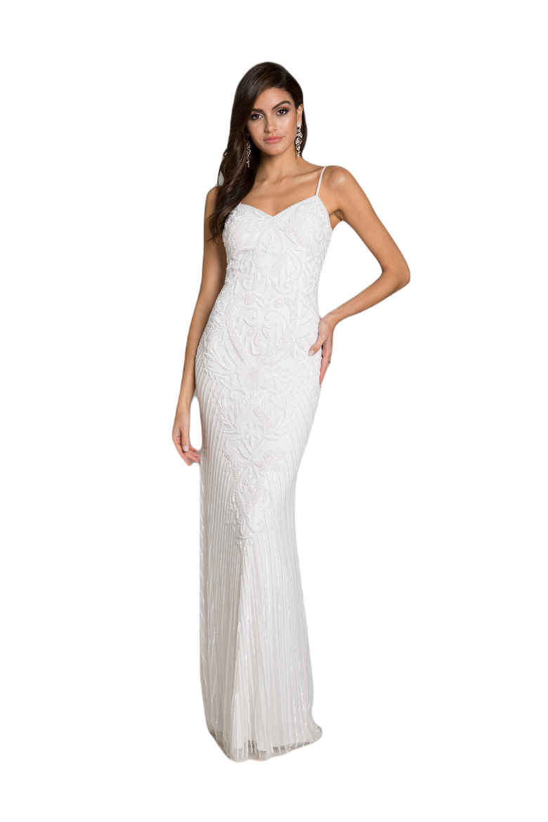 Brooke Beaded Spaghetti Strap Sheath Gown, Main, color, White
