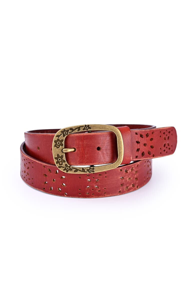 Blooming Genuine Leather Perforated Floral Vintage Belt, Main, color, Cognac