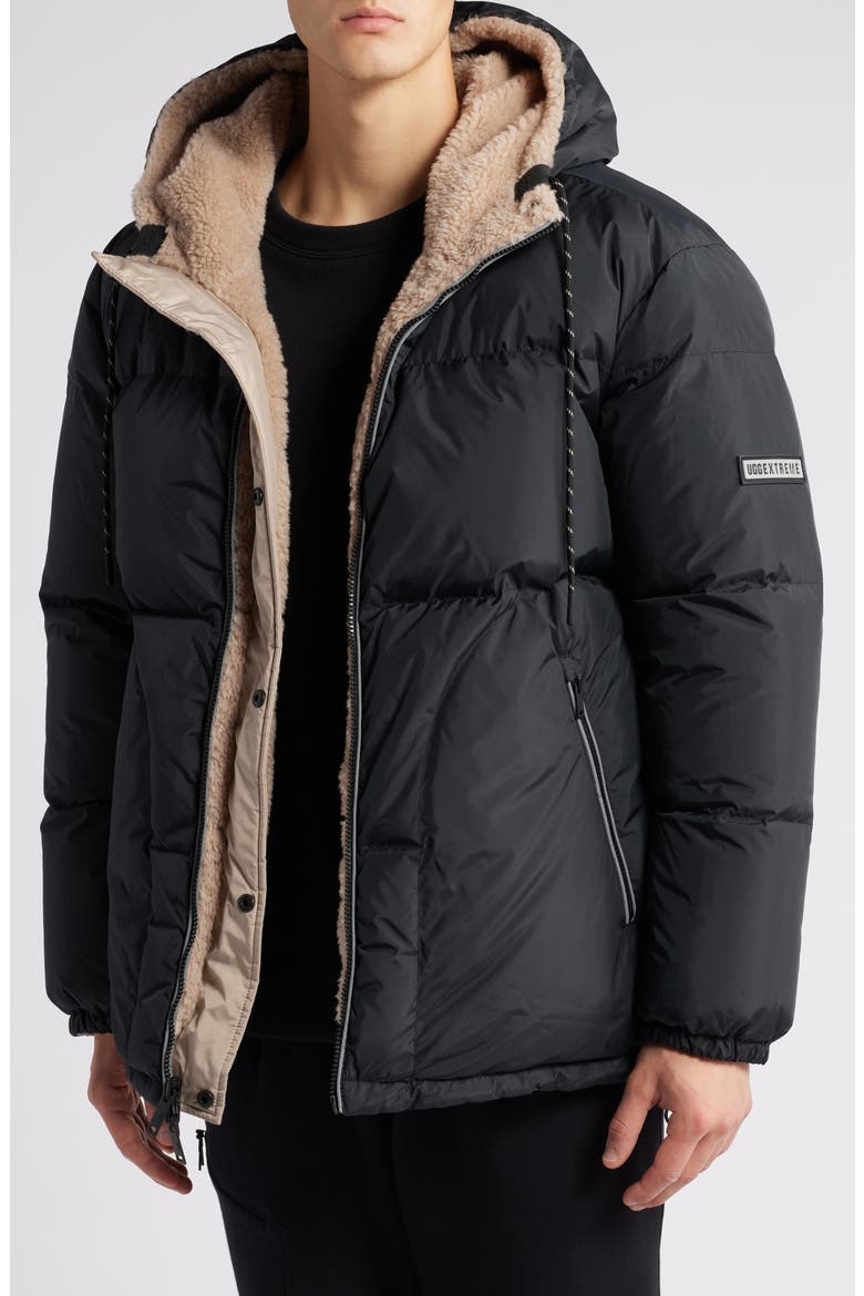 Shasta Faux Shearling 700 Fill Power Down Jacket, Main, color, BLACK / PUTTY