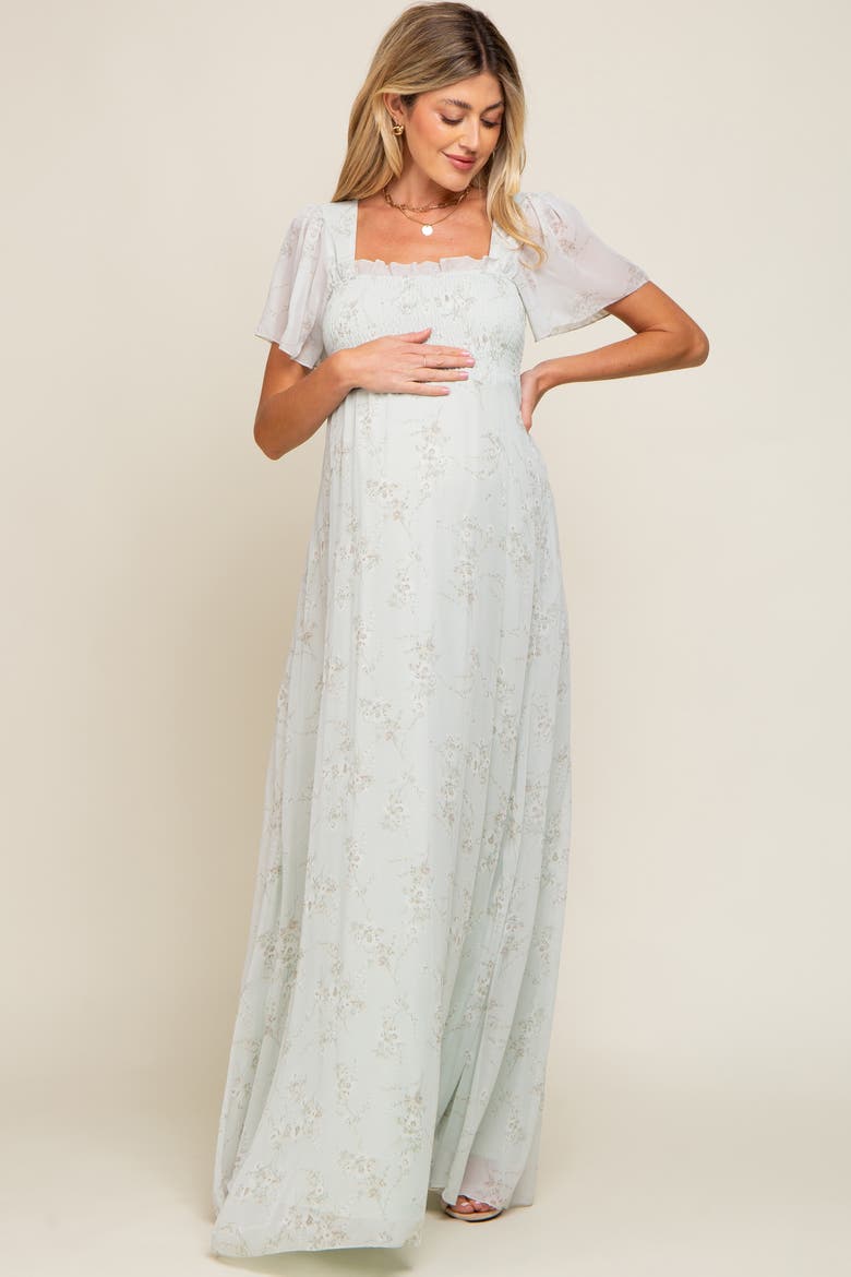 Floral Smocked Chiffon Maxi Dress, Alternate, color, Mint Green