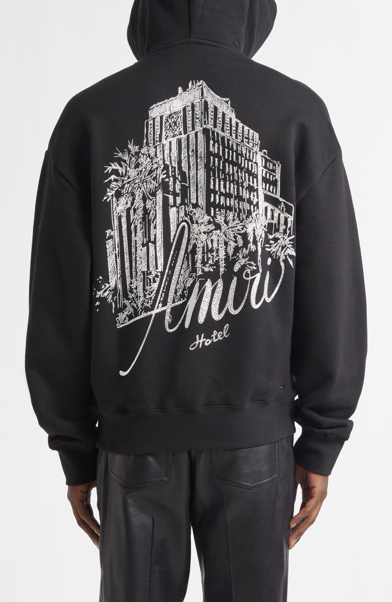 AMIRI Crystal Embellished Hotel Graphic Hoodie, Alternate, color, Black