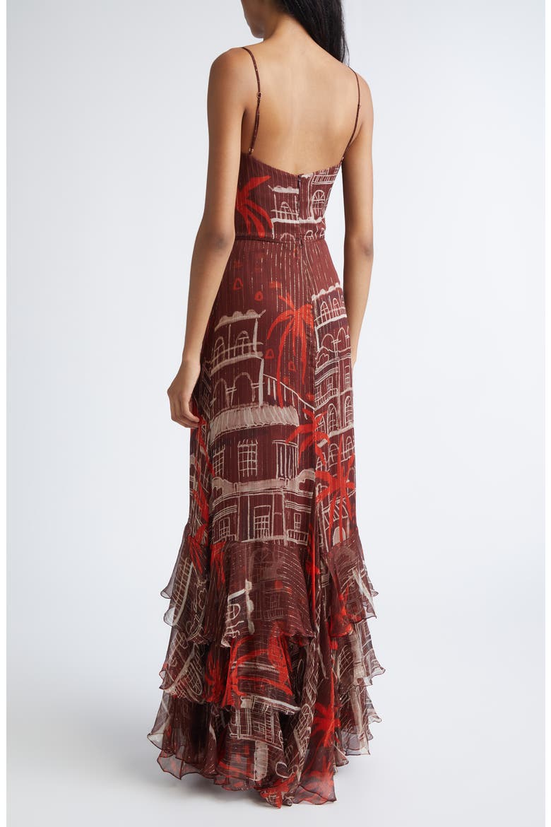 Pasos Nocturnos Print Tiered Metallic Crepe Maxi Dress, Alternate, color, WINE / RED