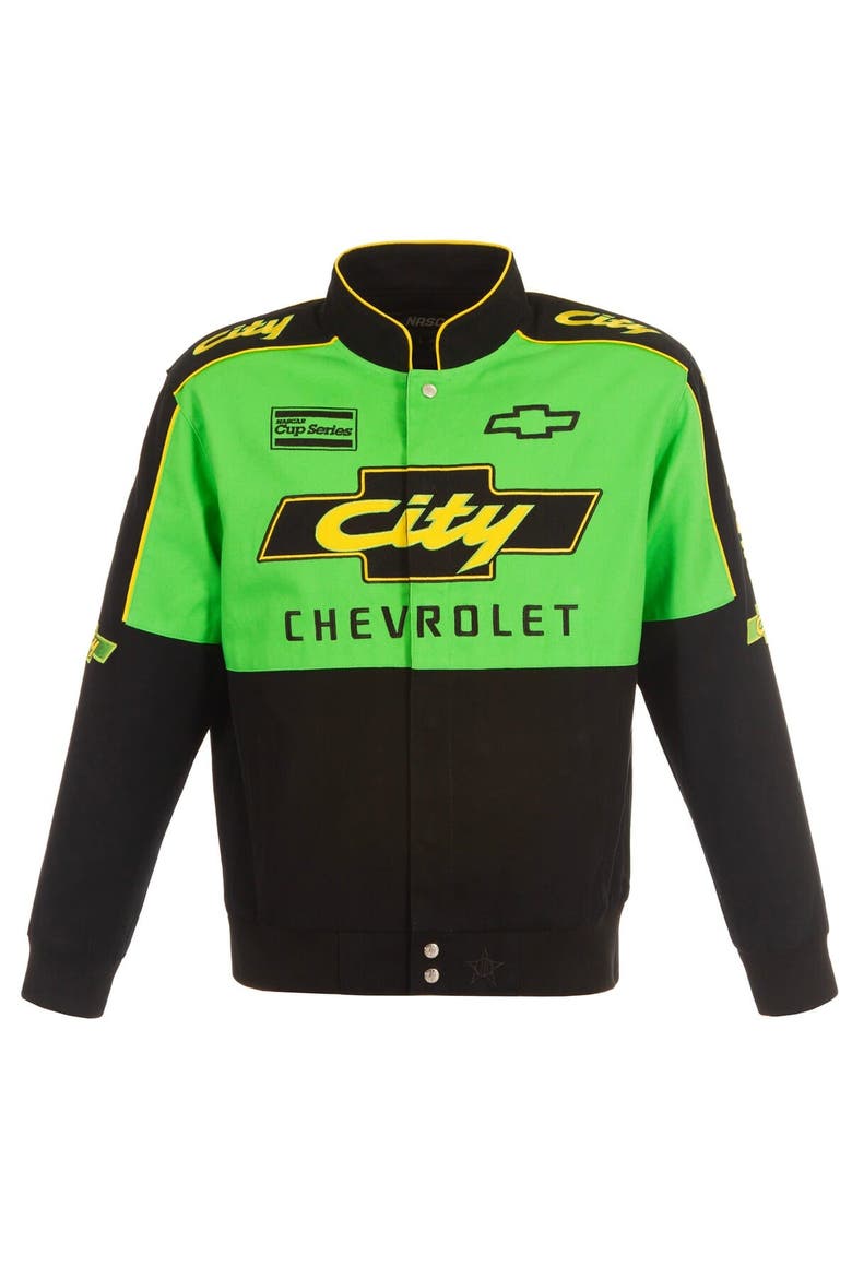 Men's JH Design Black/Green NASCAR City Chevrolet Legend Full-Snap Twill Uniform Jacket, Alternate, color, Black