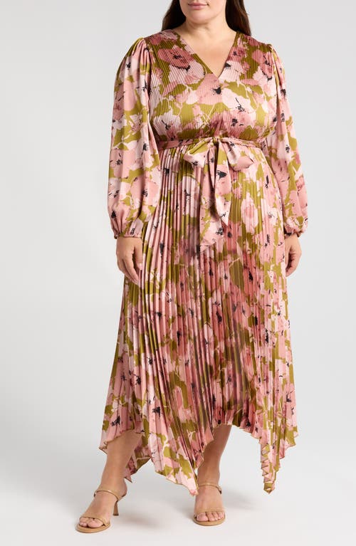 Melloday Floral Pleated Long Sleeve Satin Maxi Dress In Multi