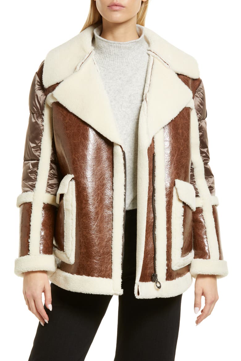 Raelynn Mixed Media Faux Fur Jacket, Main, color, DARK BROWN