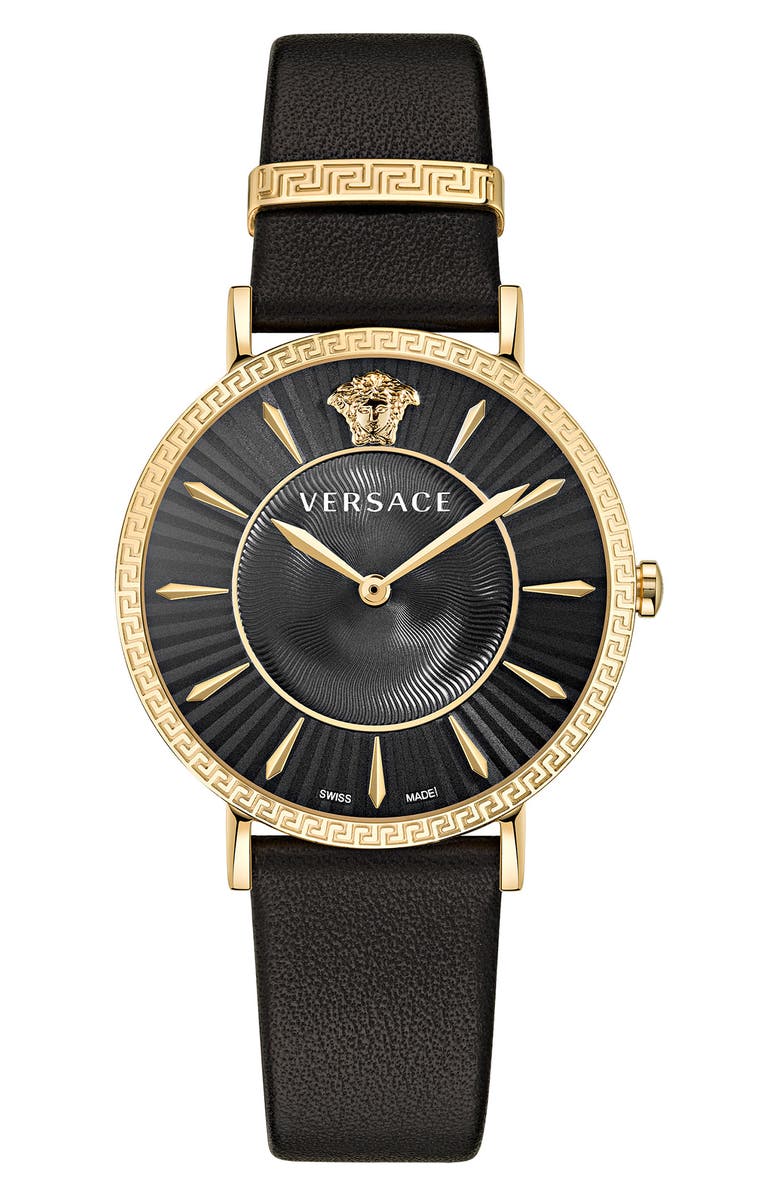 Versace V-Eternal Leather Strap Watch, Main, color, Gold
