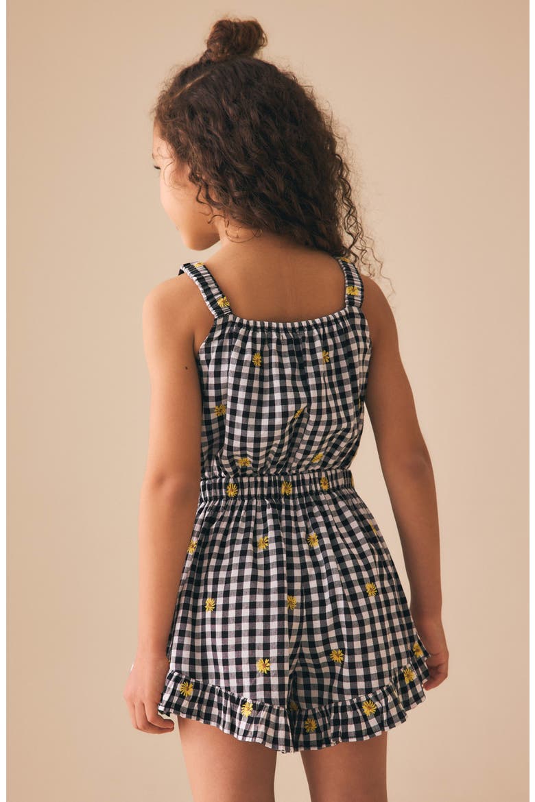 Kids' Gingham Ruffle Embroidered Cotton Romper, Alternate, color, BLACK MULTI