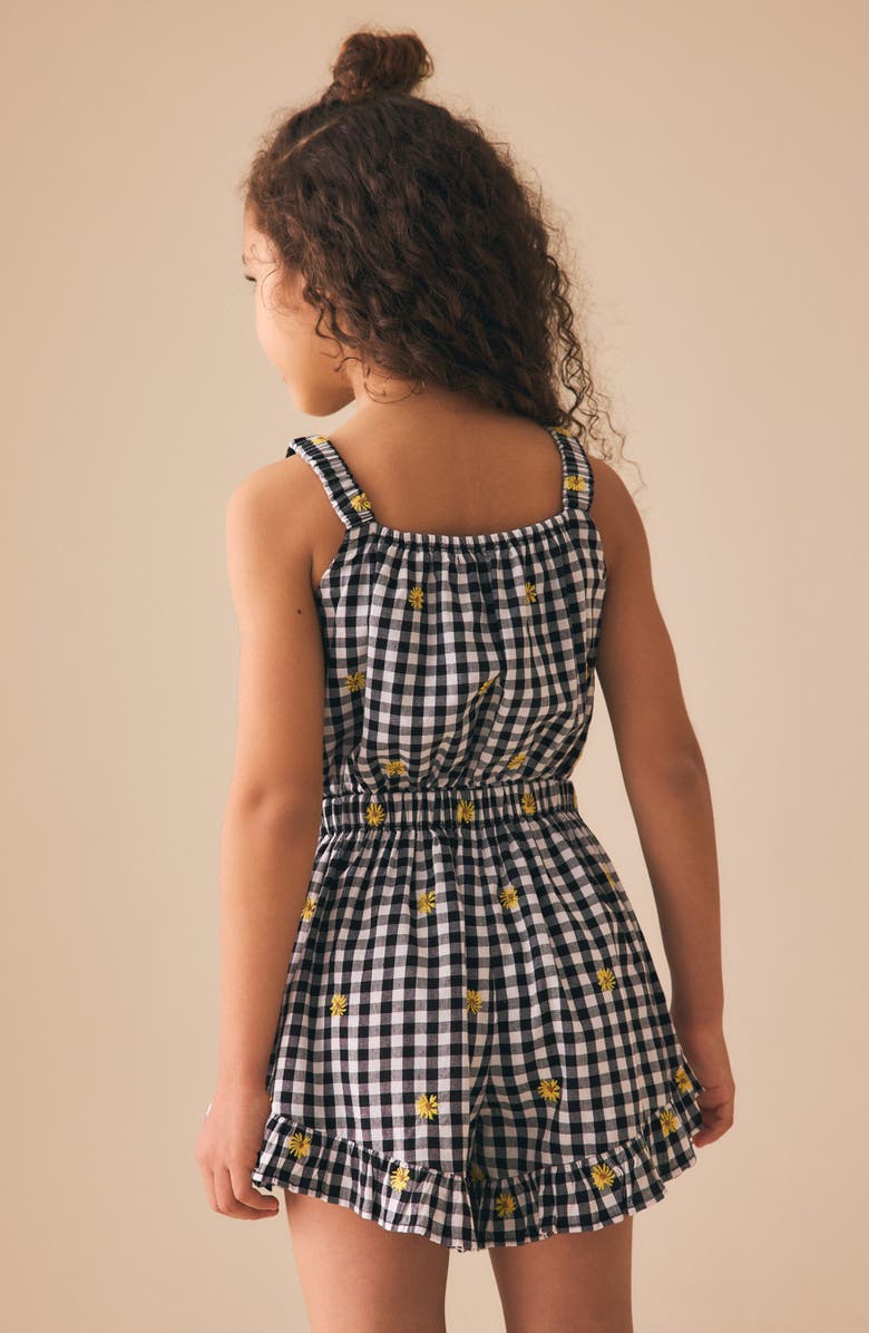 NEXT Kids' Gingham Ruffle Embroidered Cotton Romper, Alternate, color, Black Multi