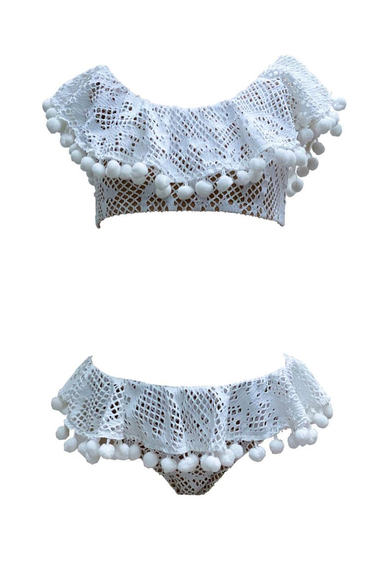Pom-Pom Trim Crochet Two Piece Bikini,Toddler-Little Kid,Big Kid, Main, color, White