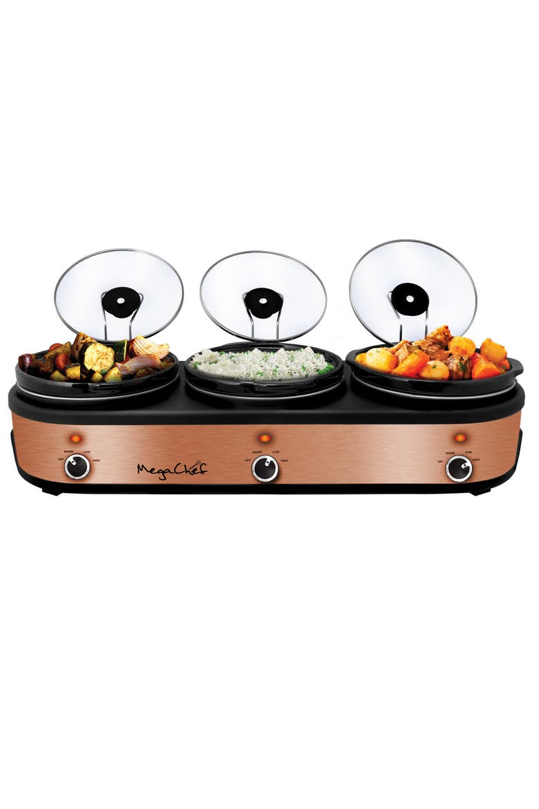 Triple 2.5 Quart Slow Cooker and Buffet Server in Brushed Copper and Black Finish with 3 Ceramic Cooking Pots and Removable Lid Rests, Main, color, Black