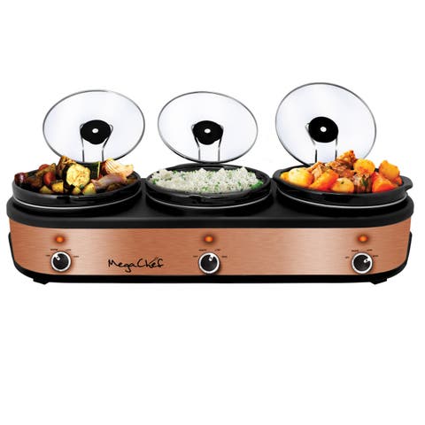 Triple 2.5 Quart Slow Cooker and Buffet Server in Brushed Copper and Black Finish with 3 Ceramic Cooking Pots and Removable Lid Rests