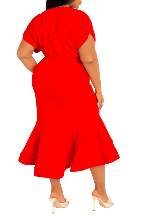 Buxom Couture Wrap Front Flounce Hem High-low Mermaid Midi Dress In Red