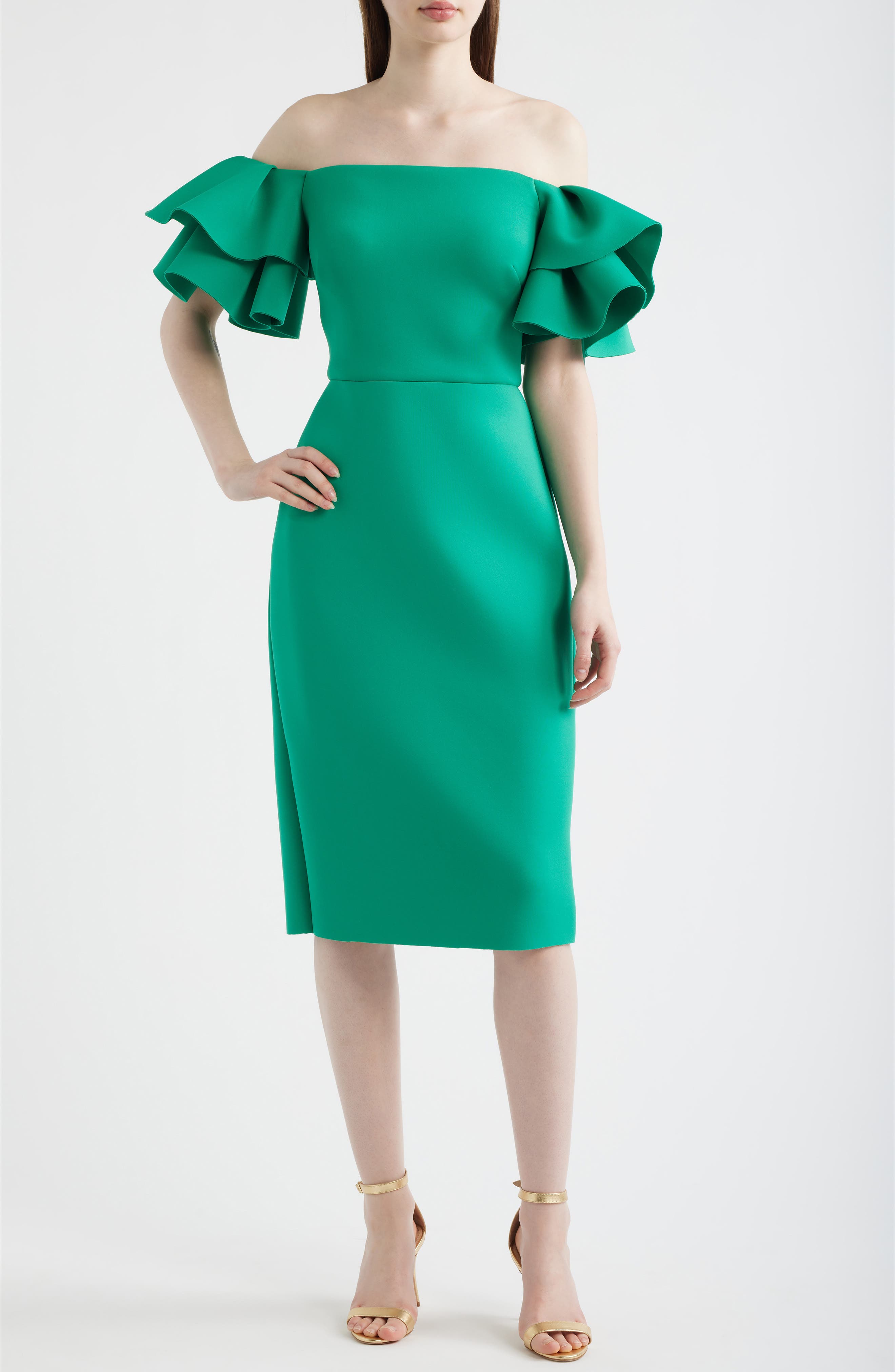 ruffle sleeve cocktail dress Eliza J Women's Off-The-Shoulder Sheath Dress - Green
