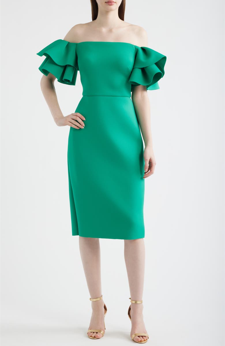 Eliza J Ruffle Sleeve Off the Shoulder Cocktail Dress, Main, color, Green