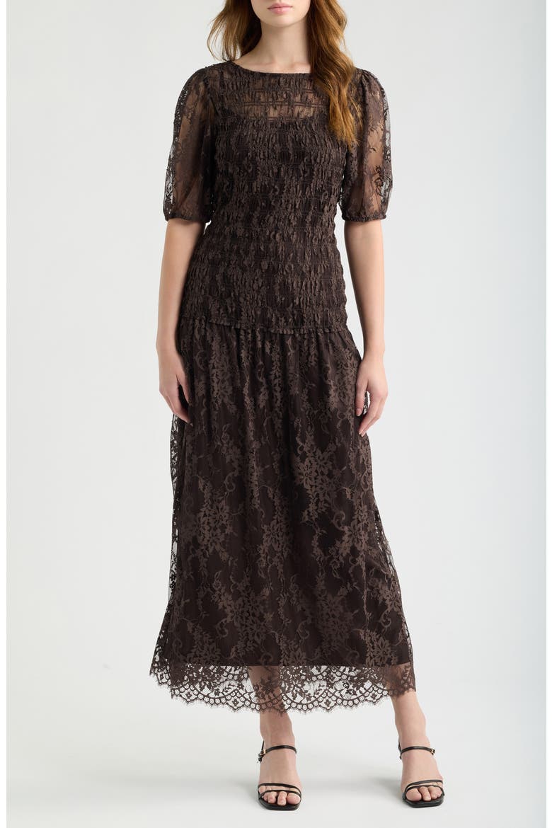 The Short Sleeve Dalia Lace Nap Maxi Dress, Main, color, CHOCOLATE