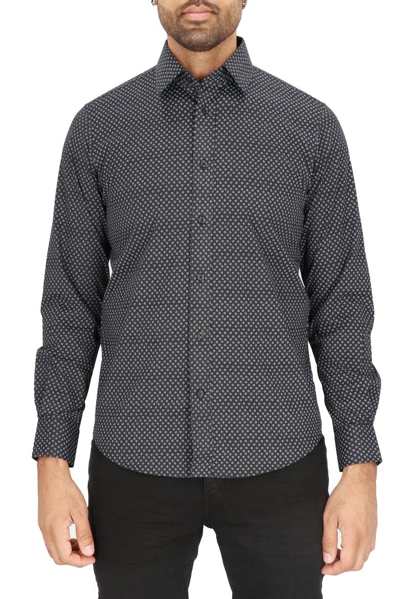 Modern Fit Flower Stretch Cotton Dress Shirt, Alternate, color, BLACK