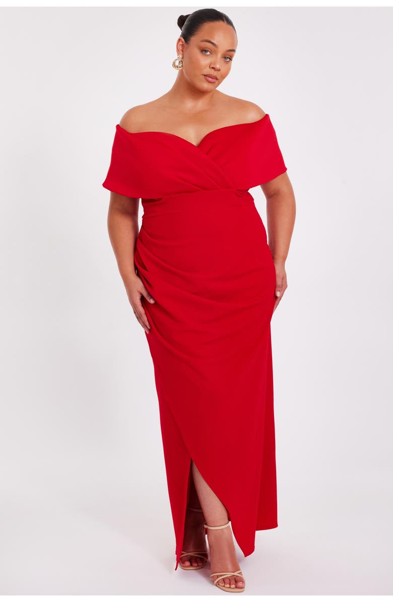 QUIZ Plus Size Scuba Crepe Bardot Wrap Maxi Dress, Main, color, Red
