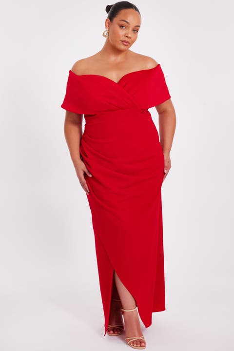 Plus Size Scuba Crepe Bardot Wrap Maxi Dress