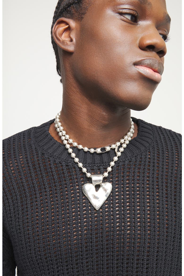 Long Sterling Silver Plated Ball Necklace With Heart Detail, Alternate, color, Silver