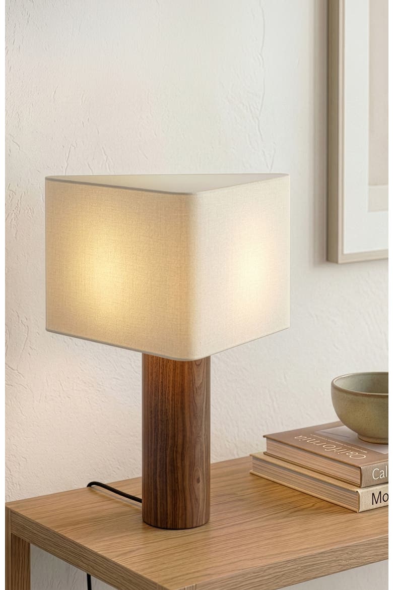 Koa 20" LED Table Lamp with Solid Walnut Wood Base and Triangle Cotton Shade, Alternate, color, Walnut