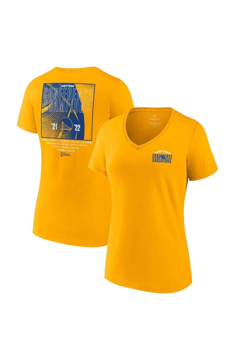FANATICS Women's Fanatics Branded Gold Golden State Warriors 2022 Western Conference Champions Balanced Attack Roster V-Neck T-Shirt, Main, color, 