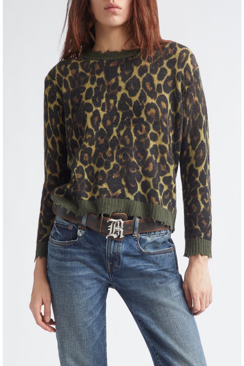 Relaxed Fit Distressed Leopard Print Cashmere Crewneck Sweater, Main, color, BROWN LEOPARD