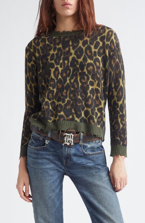 Relaxed Fit Distressed Leopard Print Cashmere Crewneck Sweater