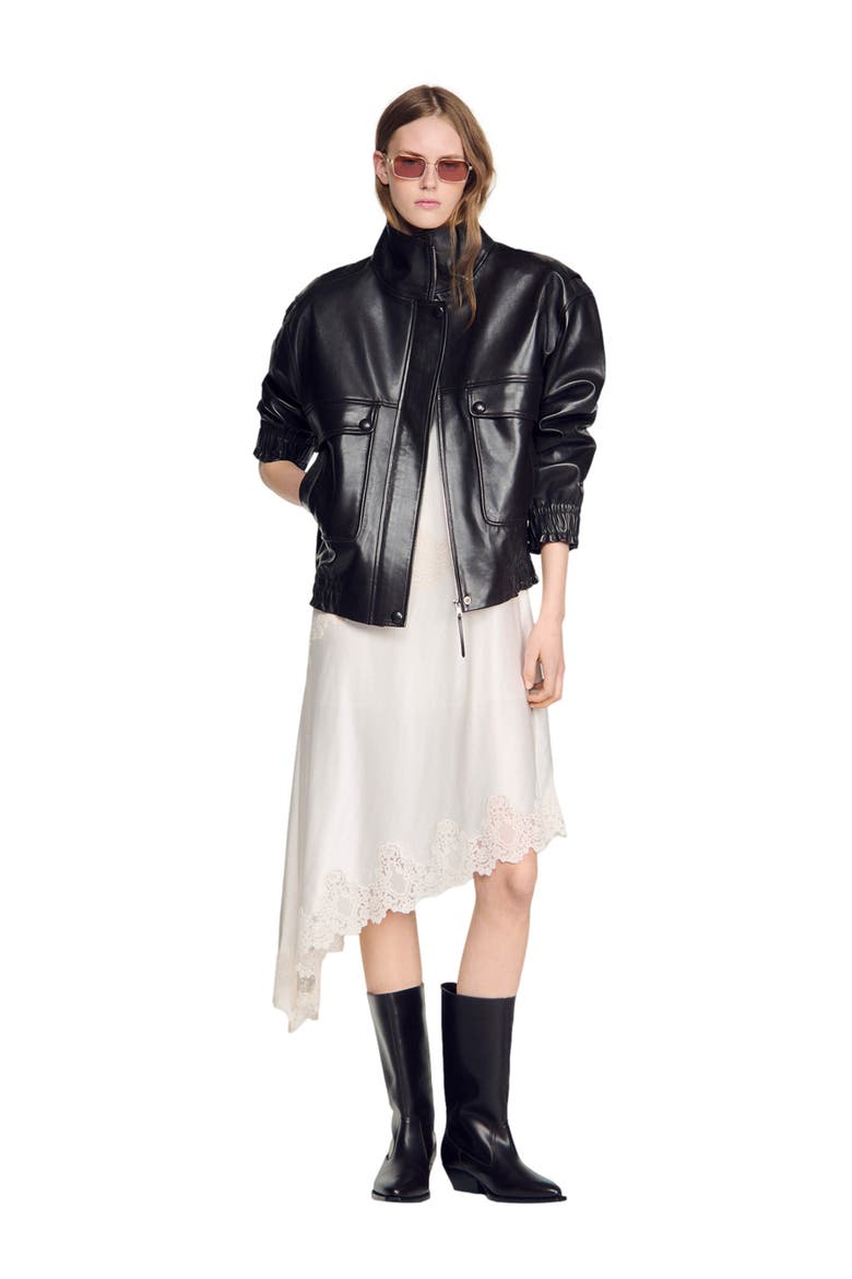 Standing collar leather jacket, Alternate, color, Black brown