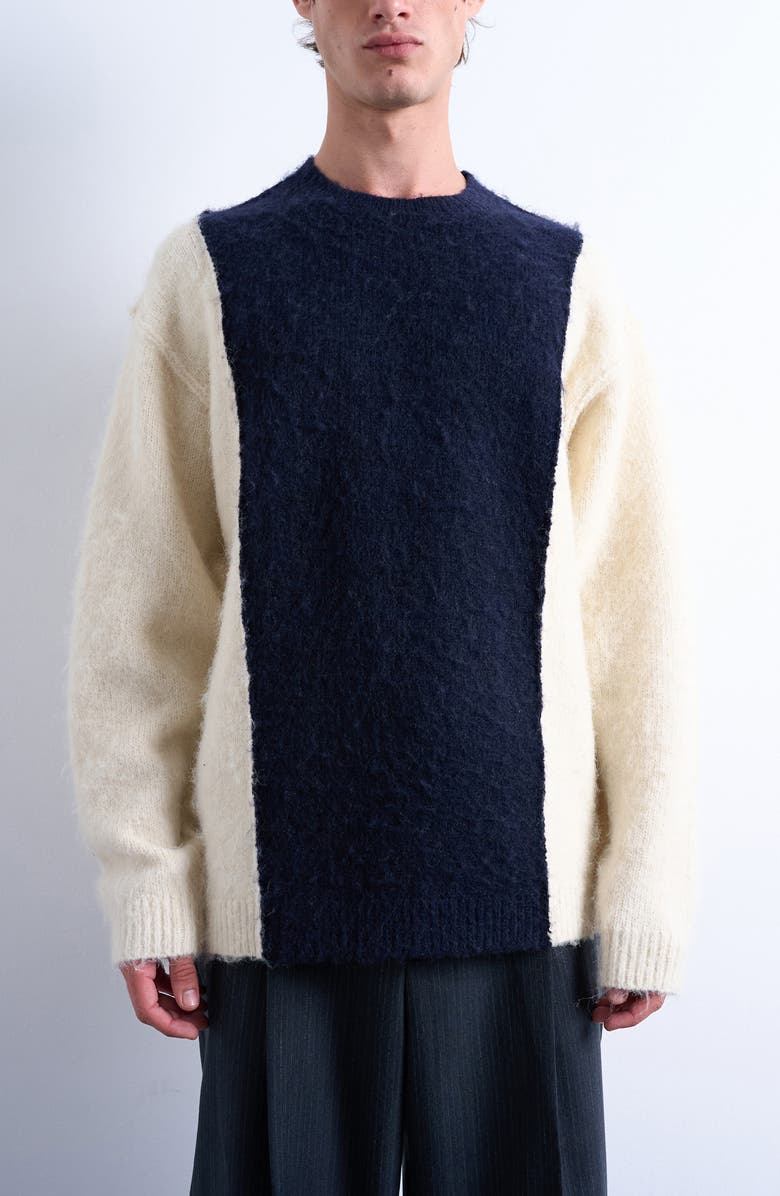 Topman Fluffy Paneled Sweater, Main, color, Navy