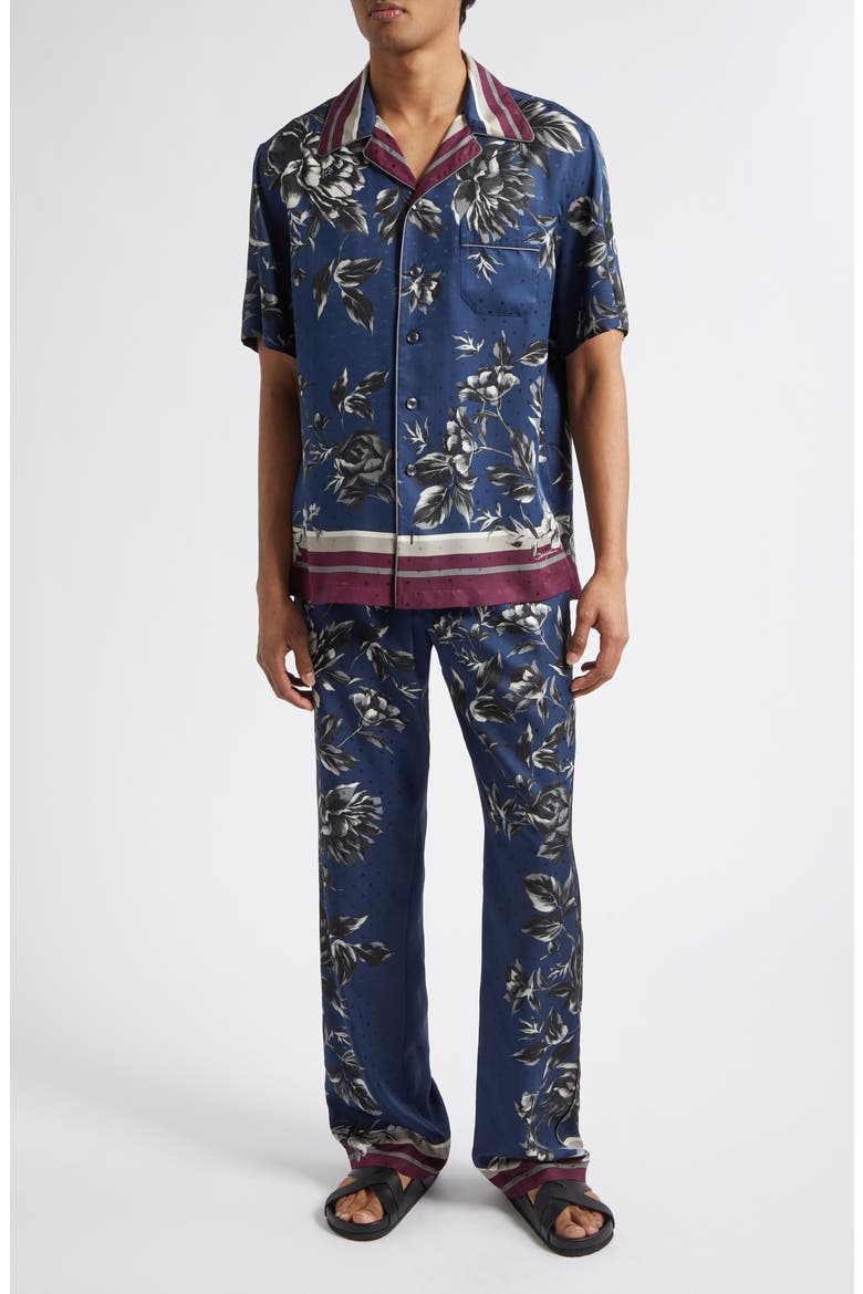 Peony Print Silk Twill Hawaii Shirt, Alternate, color, PEONIE F.BLUE